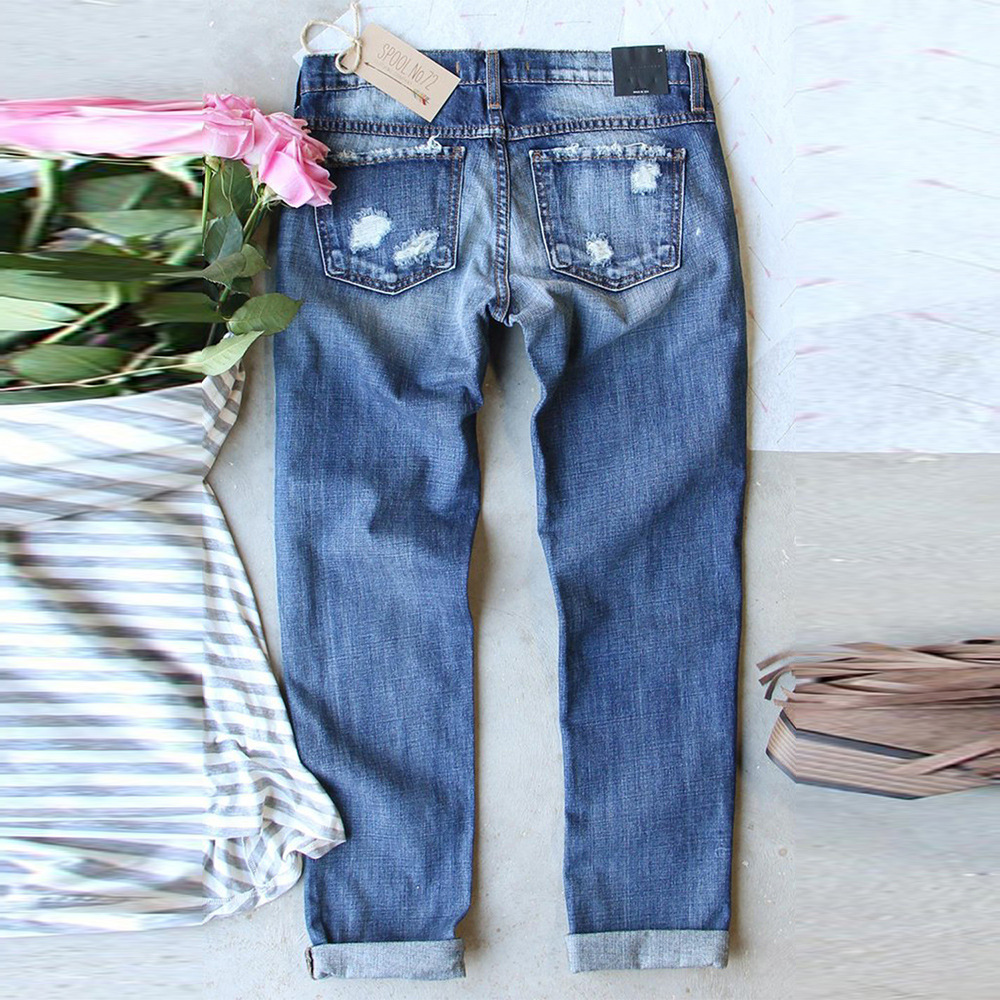 时颖欧美水洗长款牛仔裤女夏季亚马逊新款字母印花浅色磨破休闲裤