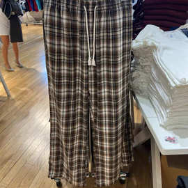 BM风 秋款美式松紧腰抽绳格子裤休闲裤高腰显瘦阔腿裤女