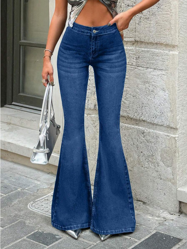 跨境美式速卖通Womenjeans简约微喇裤蓝色牛仔裤女百搭显瘦高街|undefined