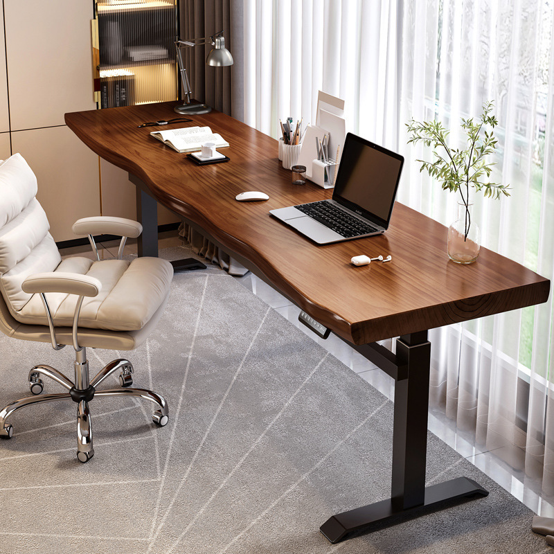 Electric Lift Table Solid Wood Multifunctional Desk Rectangular Balcony Double Narrow Table Long Writing Desk Walnut Color