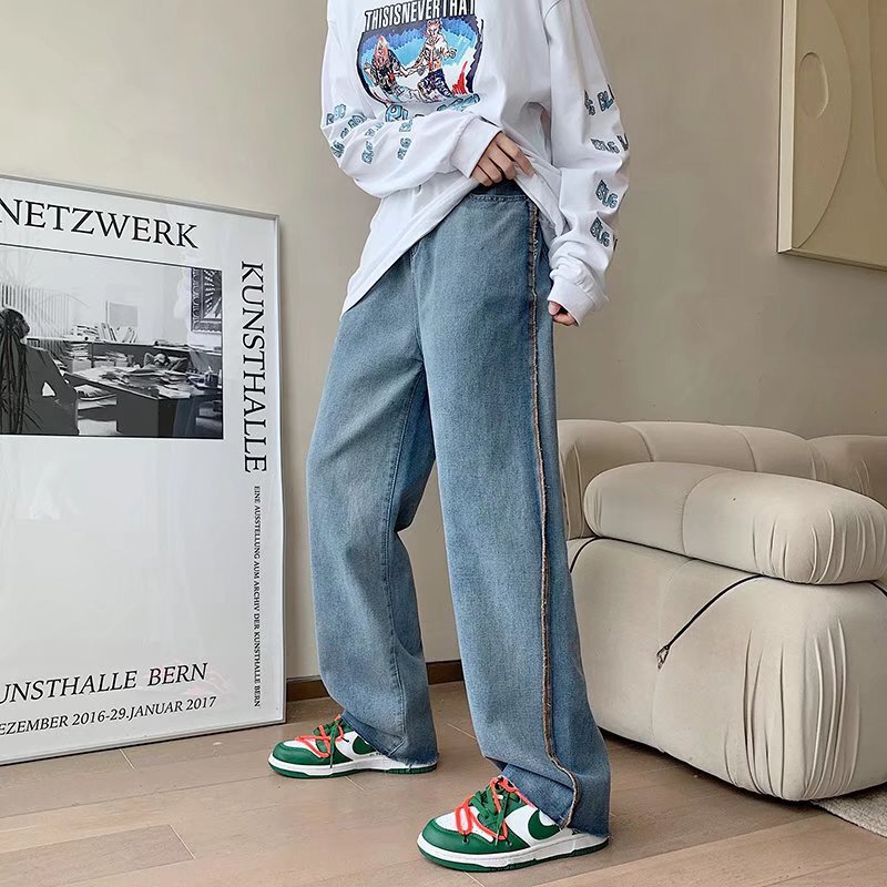 Rap Stitching Jeans Men's High Street CEC Trendy Brand Retro Street Hip Hop Loose Bf Casual Wide Leg Pants