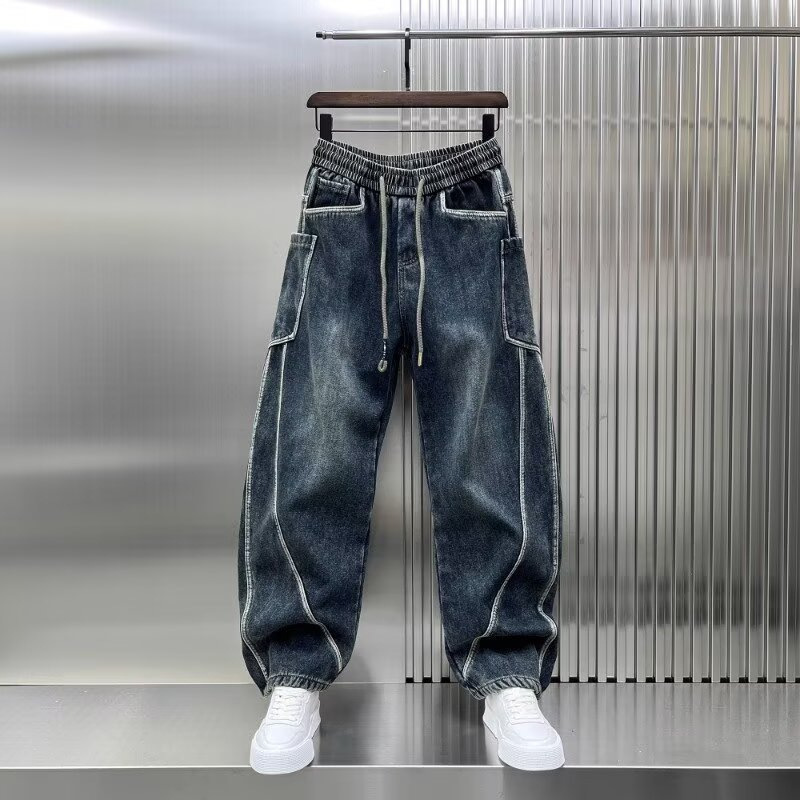 New 2024 Winter Fleece-Lined Thickened Scimitar Jeans for Men, Loose Straight Wide-Leg Pants, Retro Trendy High-End Brand