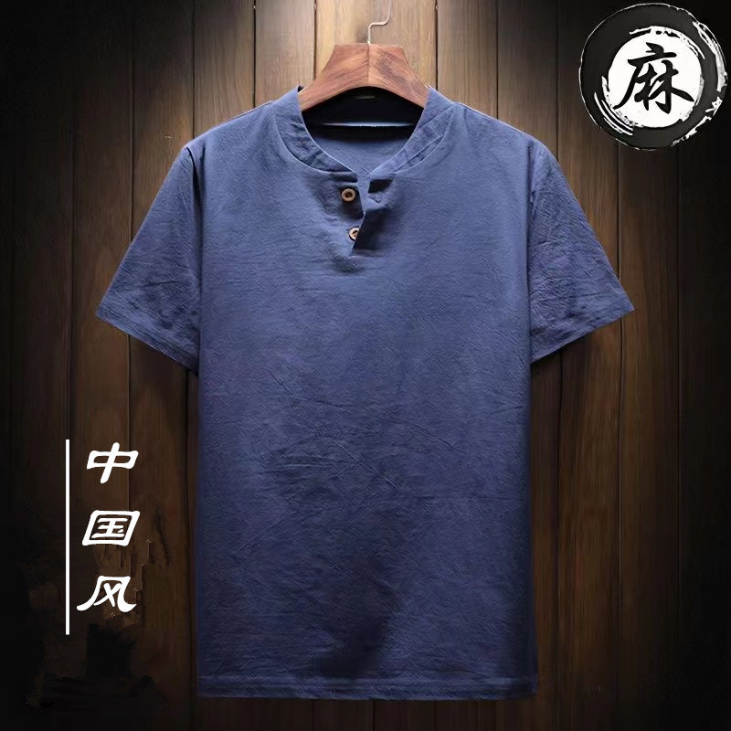 Summer Chinese Style Linen Short-Sleeved T-Shirt for Men Loose Large Size Tang Suit Two-Button Pure Color Cotton and Linen T-Shirt Top for Men Summer Chinese Style Linen Short-Sleeved T-Shirt for Men Loose Large Size Tang Suit Two-Button Pure Color Cotton and Linen T-Shirt Top for Men