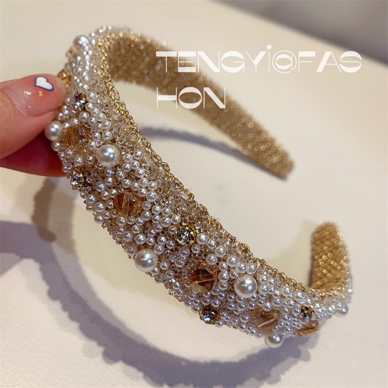 Women's Glam Korean Style Plaid Resin Inlay Crystal Pearl Hair Band display picture 3