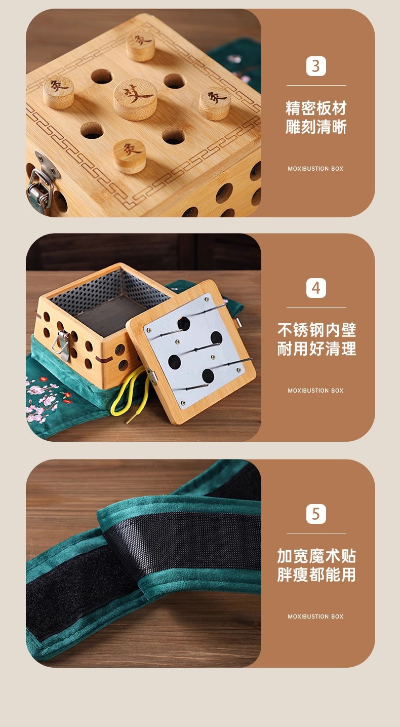 Bamboo Moxibustion Box with Smoke Filter Portable Moxa Warmer for Home Back Waist and Abdomen Use with 2 Aged Moxa Sticks in use