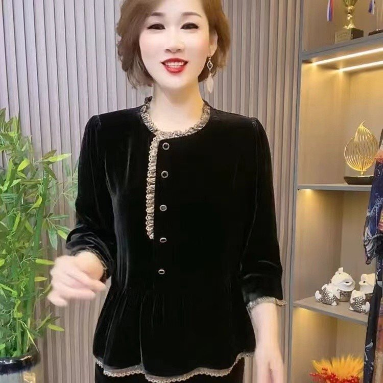 2024 Spring and Autumn New Mother's Gold Velvet Long Sleeve Top Fashionable Age-reducing Small Shirt Slimming Western Style Base Shirt for Women
