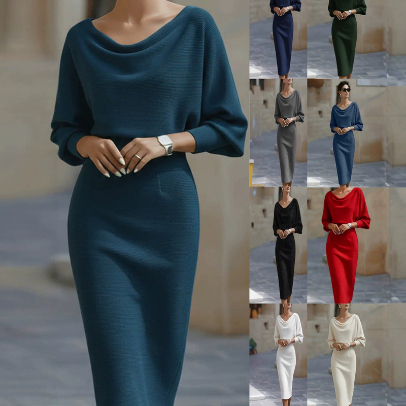 2026 European and American New Style Knitted Dress with Swing Collar, Batwing Sleeves, Slim Fit, Waist-Cinching, Solid Color, Mid-Length Dress, Export Dress
