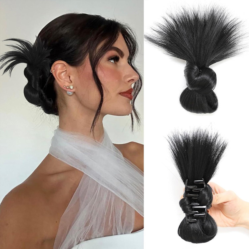 European and American Style Low Bun Hairpiece with Feather Hairpin, Chinese-Style Bun Hairpiece Hair Ring