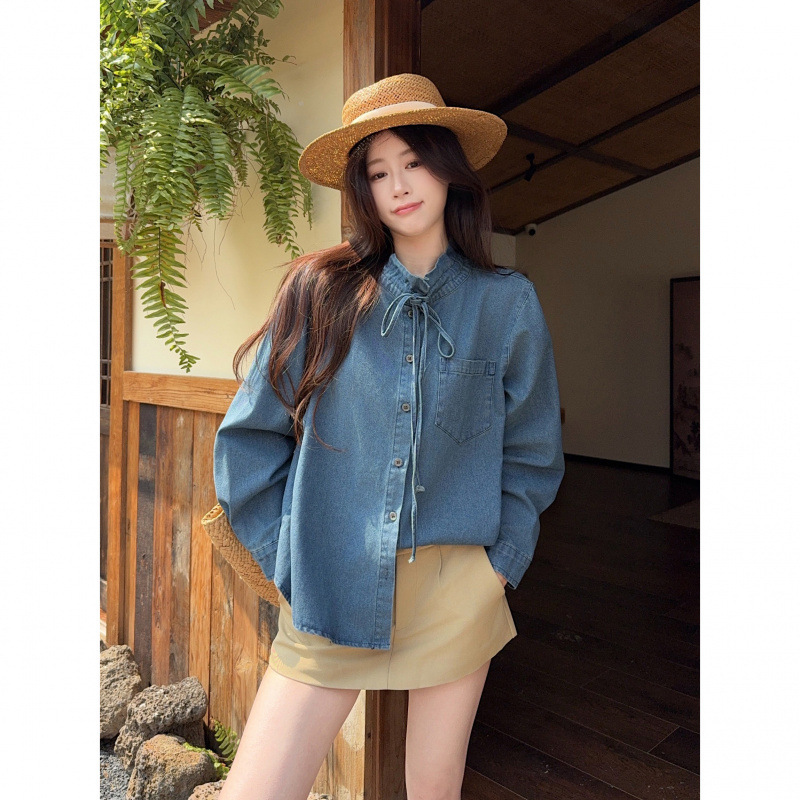 Korean Retro Lace Collar Tie Denim Shirt for Women 2026 Spring New Style Chic Design Long-Sleeved Top