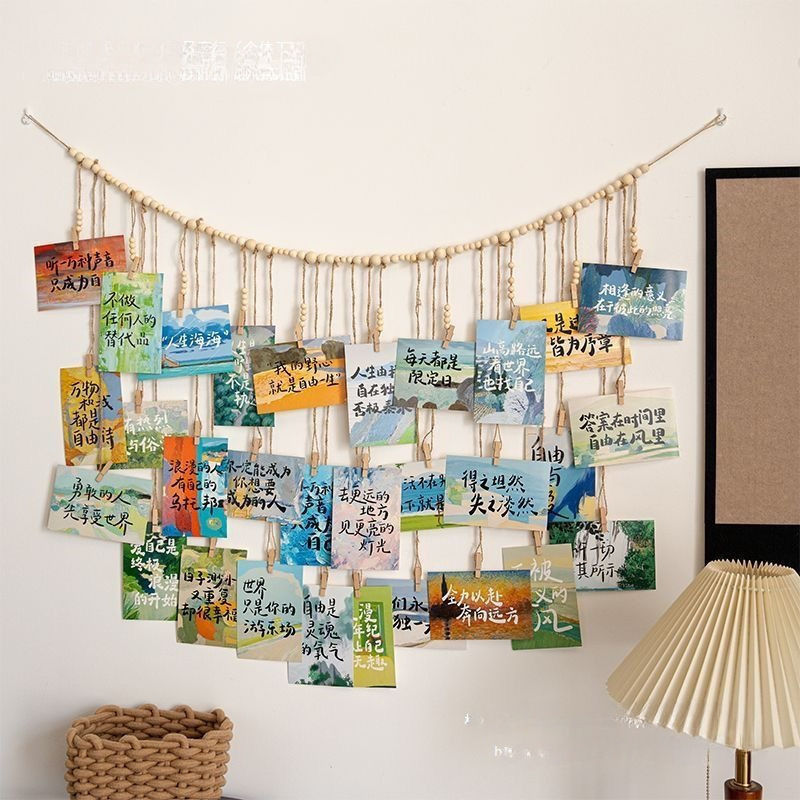Hanging Photo Wall Decoration with Jute Rope, Photo Clips, No-Drill Wooden Beads, and Jute Rope Clips for Wall Storage Hanging Photo Wall Decoration with Jute Rope, Photo Clips, No-Drill Wooden Beads, and Jute Rope Clips for Wall Storage