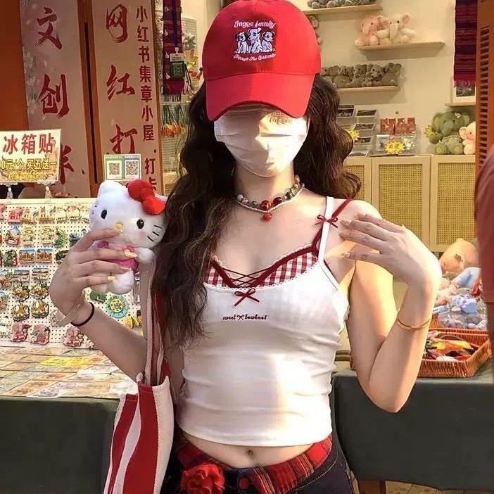 Hot Girl Lace Plaid Bow Fake Two-Piece Camisole Women's Inner Wear Summer New Slim Top with Breast Pads