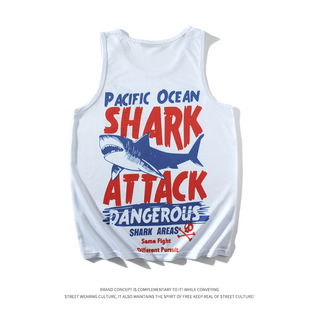 American Style Vest Men's Foreign Trade Sports Sleeveless Fitness Men's Waistcoat Loose Shark Print SHARK Jersey Trendy