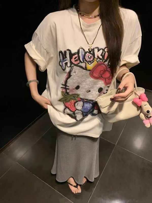 纯棉HelloKitty印花白色短袖T恤女夏季慵懒风宽松洋气时髦上衣潮|undefined