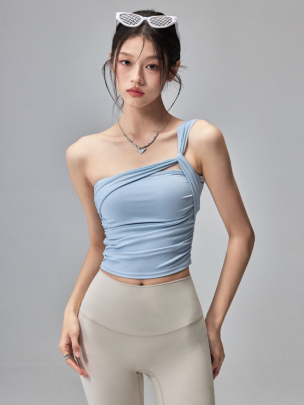 时髦单肩美背瑜伽内衣女固定胸垫防震运动背心健身普拉提训练文胸|undefined