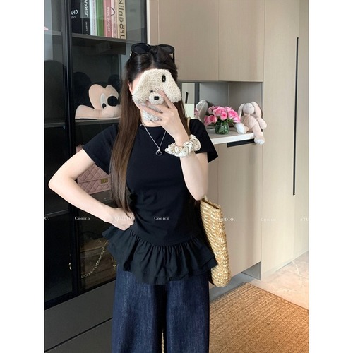 MR【Cotton】 French Ruffle Hem Spliced White Short Sleeve T-Shirt Women's Summer Slim Fit Straight Shoulder Top 