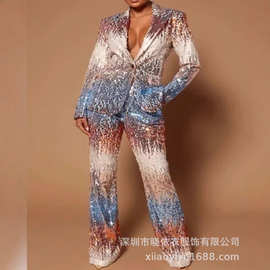 跨境欧美非洲女装外贸珠片绣西装外套亮片休闲阔腿裤珠片长裤套装
