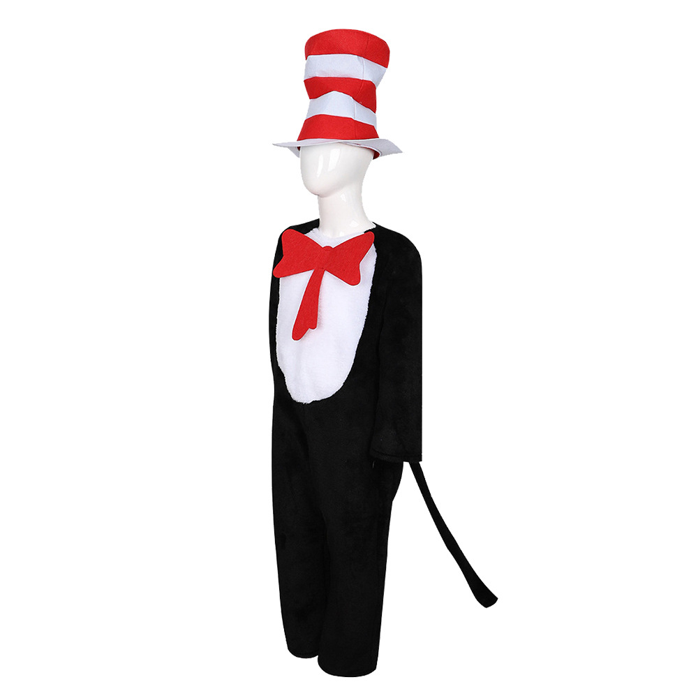 Halloween el gato en el sombrero Navidad cos traje etapa rendimiento traje gato vistiendo sombrero