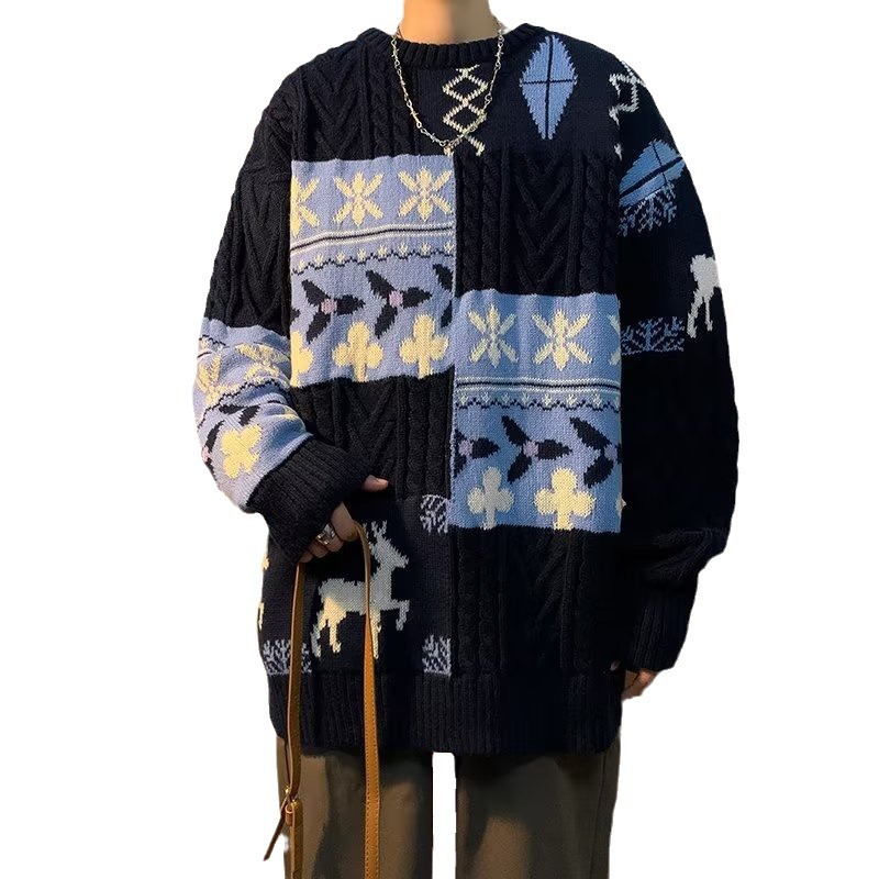 Otoño e invierno estilo de Hong Kong ins estilo étnico jersey todo-fósforo más gordo talla grande suéter suelto gordo estilo bf perezoso