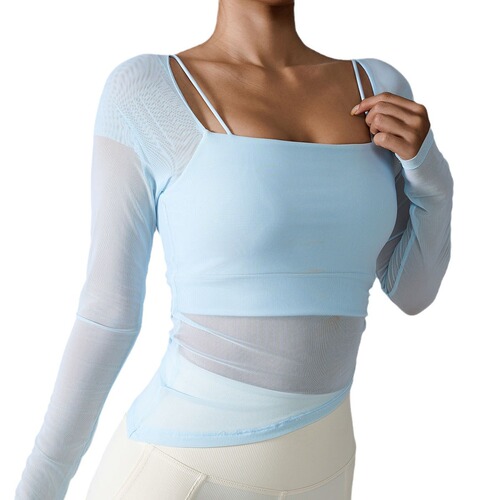 ins2024 European and American Cross-Border New Long-Sleeved Yoga Wear—Cloud-Feel Mesh Fixed-Cup Sports Long-Sleeved Yoga Wear for Women