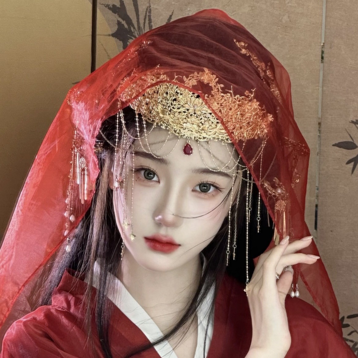 新娘额冠婚嫁流苏额饰梁祝发冠汉服头饰古风配饰遮面面纱镀金红色