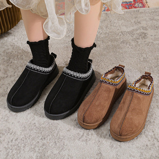 2024 Export Cross-Border Lace Ethnic Style Fashion Snow Boots Women's Shoes Half-Slip Cotton Shoes in Stock Autumn and Winter Indoor and Outdoor
