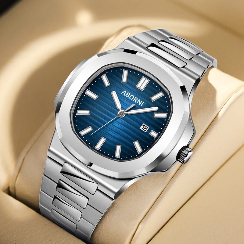 Cross-border Explosions ABORNI Platinum Men's Watch Waterproof Belt Calendar Steel Belt Quartz Watch Live Fashion New
