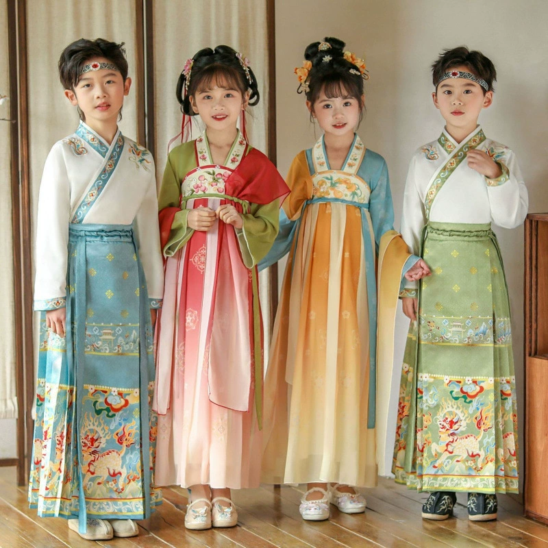 Весенний наряд для девочек Hanfu, новинка 2024 года, платье в древнем стиле, костюм Тан для маленькой девочки, детский костюм древней суперфеи, платье на весну и осень.