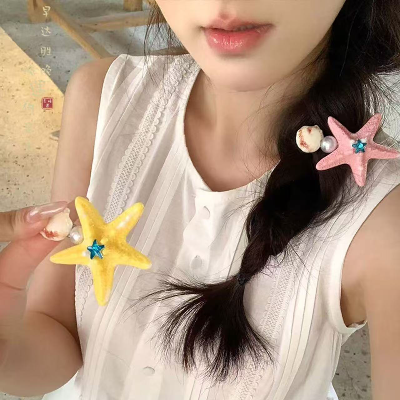5779 다이아몬드가 박힌 화려한 불가사리 머리핀-노란 불가사리