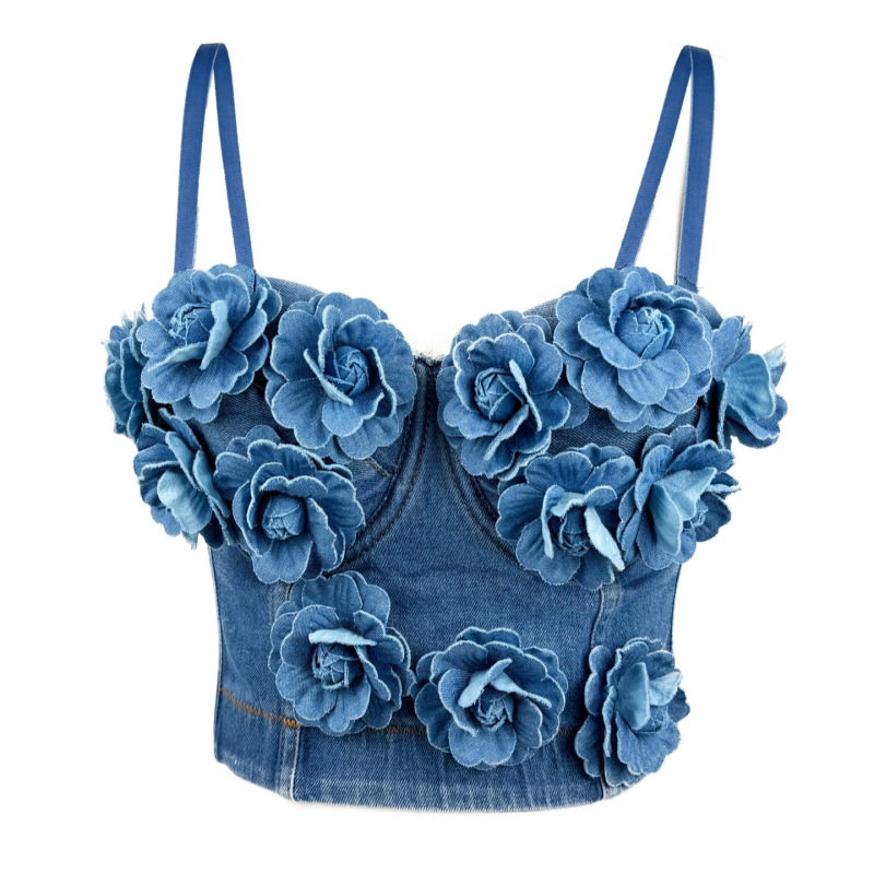 2024 Summer New Ladies Handmade Beaded Flower Embellishment High Sexy Camisole Denim Fishbone Corset