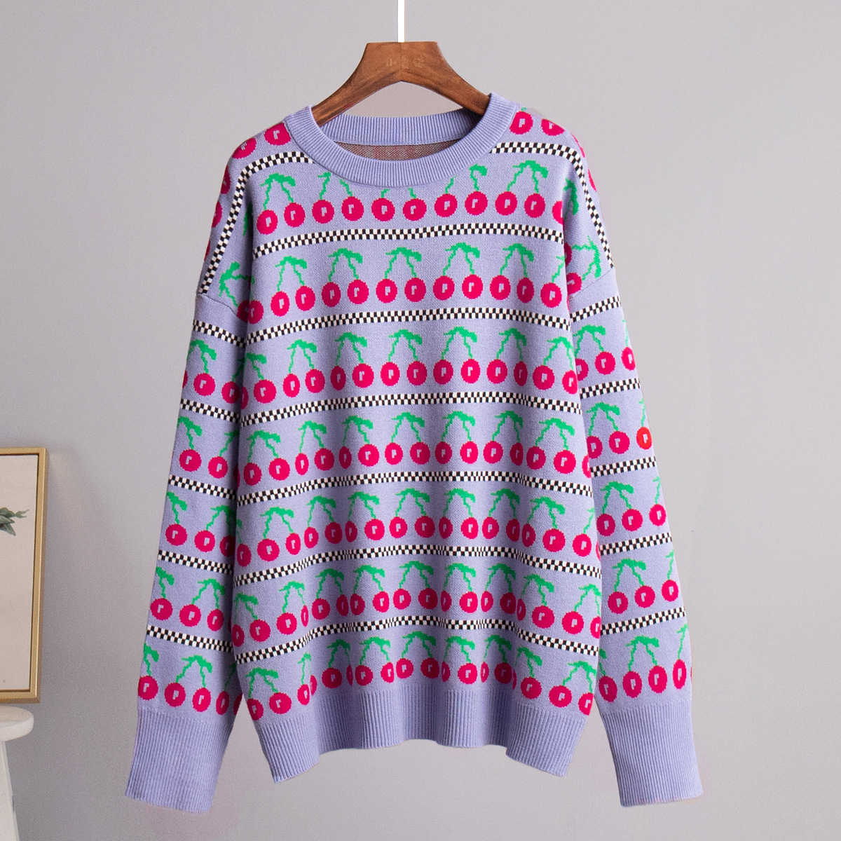 Suéter de punto retro de longitud media con cuello redondo y estampado de cerezas, estilo europeo y americano, novedad de otoño 2025