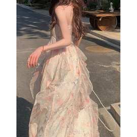 2025仙女裙法式绝美抹胸连衣裙女夏季新款收腰印花惊艳网纱长裙