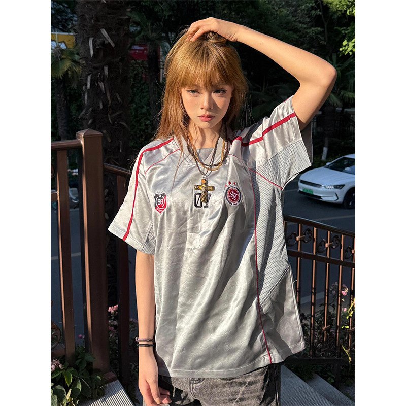 Jersey Style Short-Sleeved Women's Summer Design Niche Contrasting Color Splicing T-Shirt American Retro Sports Top Tee