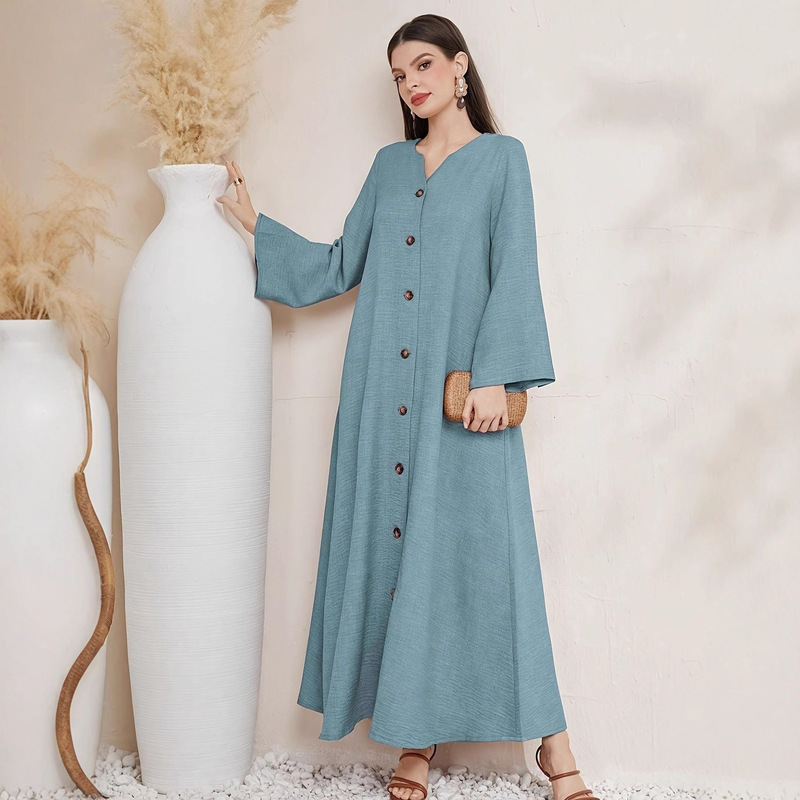 Women's V-Neck Single-Breasted Long-Sleeve Cardigan Dress Abaya Robe