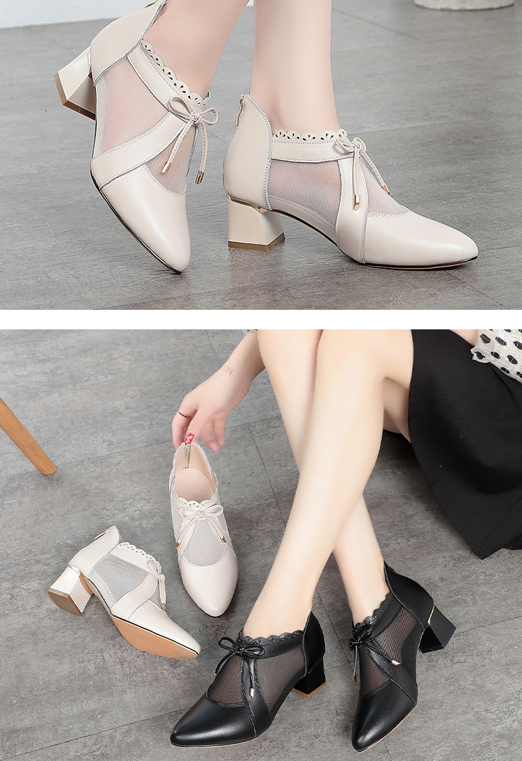 Dép sandal nữ quai chữ V mũi kín da thật gót dày — Màu be chi tiết 11