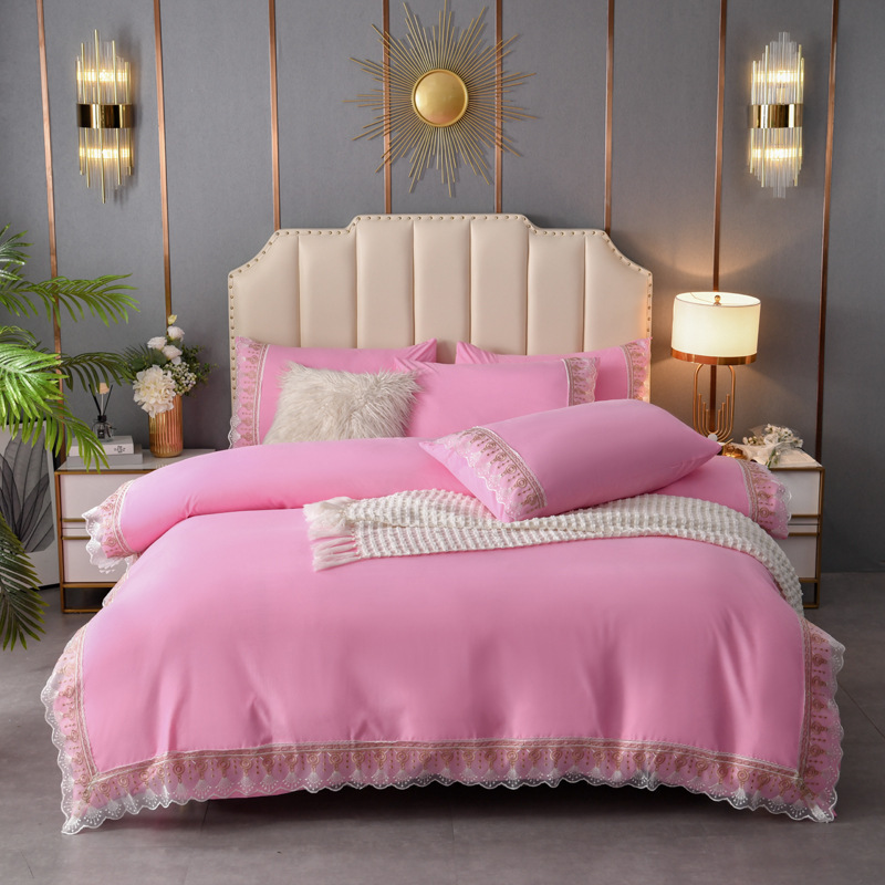 跨境数速卖通欧式纯色蕾丝花边四季款床单套装韩版床罩床裙批发