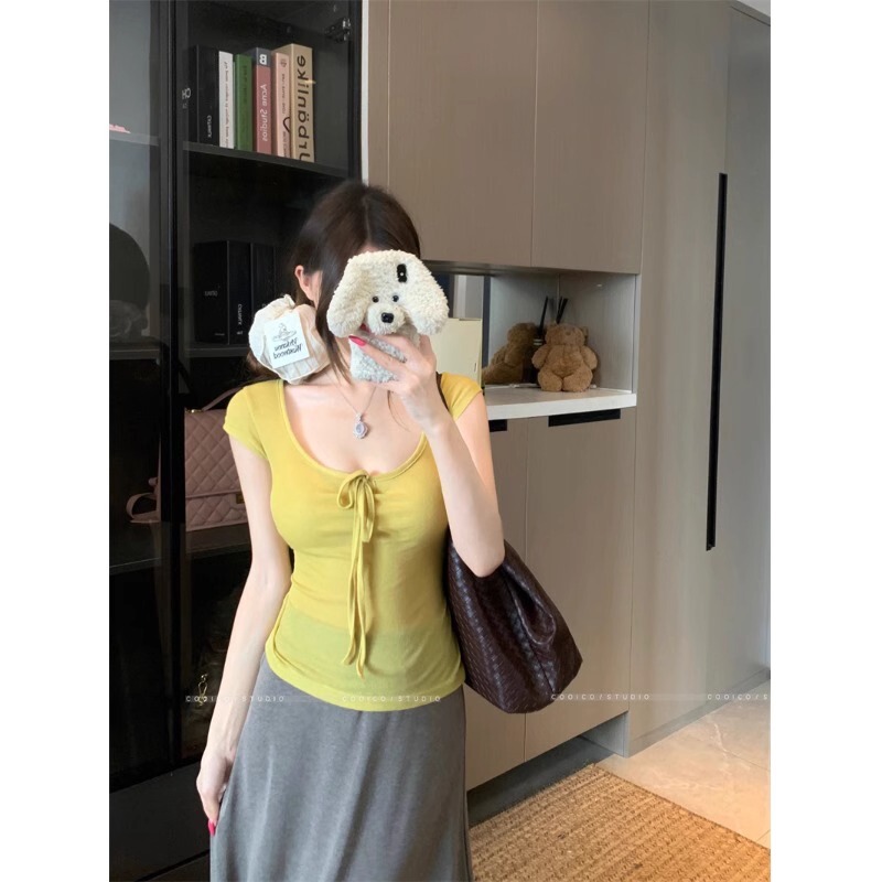 ラ・シャペル ニッチデザイン 大きなネックライン 半袖 Tシャツ レディース 夏 ローUネック ホルターネック 右肩ウエストスリムトップ|undefined