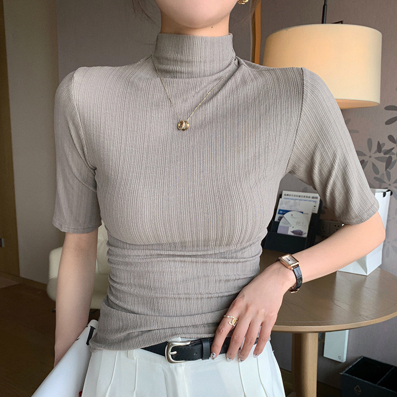 H342 生放送人気半袖 Tシャツ新しい女性のトップスハーフタートルネック五分袖サンシェードボトリングシャツ服女性のための|undefined