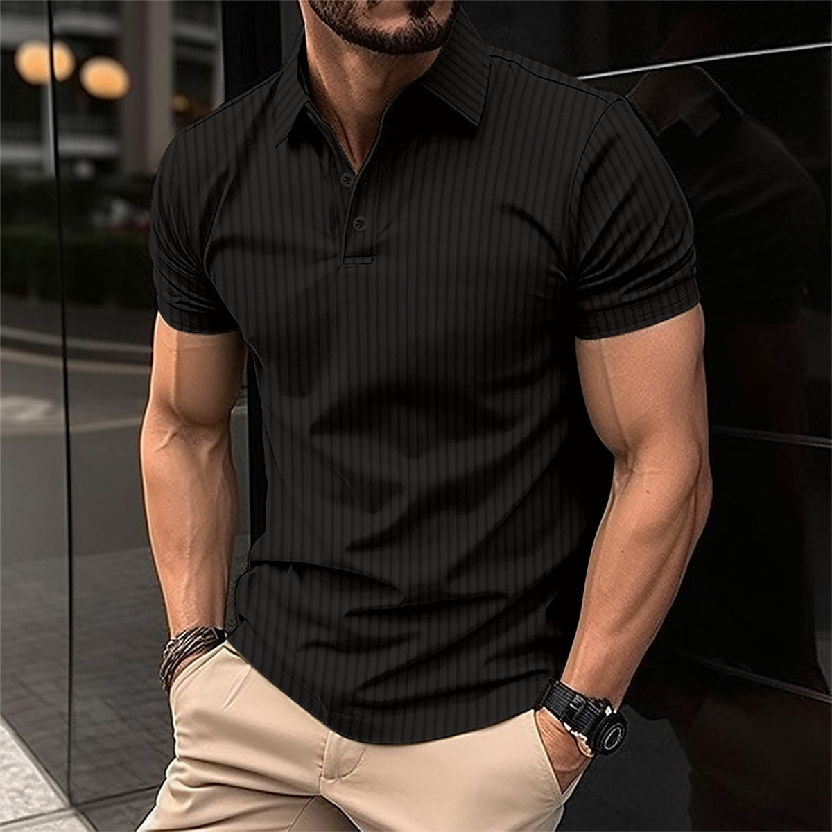 European And American Cross-Border Trade Wish Men's Summer Sports Fitness Casual Stretch Vertical Stripe Short Sleeve_voghion.com