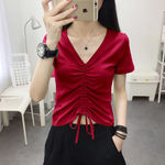 设计感短袖T恤女夏装2025新款V领小心机抽绳露脐短款上衣