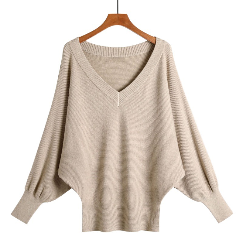 2023 New Amazon popular women's batwing shirt sweater large V-neck collarbone loose large board pullover top