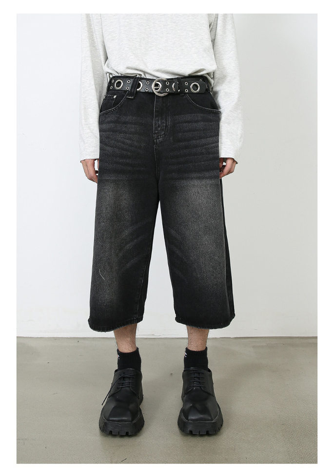 Quần jean nam ống rộng lửng 7/10 phong cách Hàn, lưng cao thoải mái — Làm cũ, Màu trắng, Màu xanh denim thô, Màu đen thô chi tiết 6