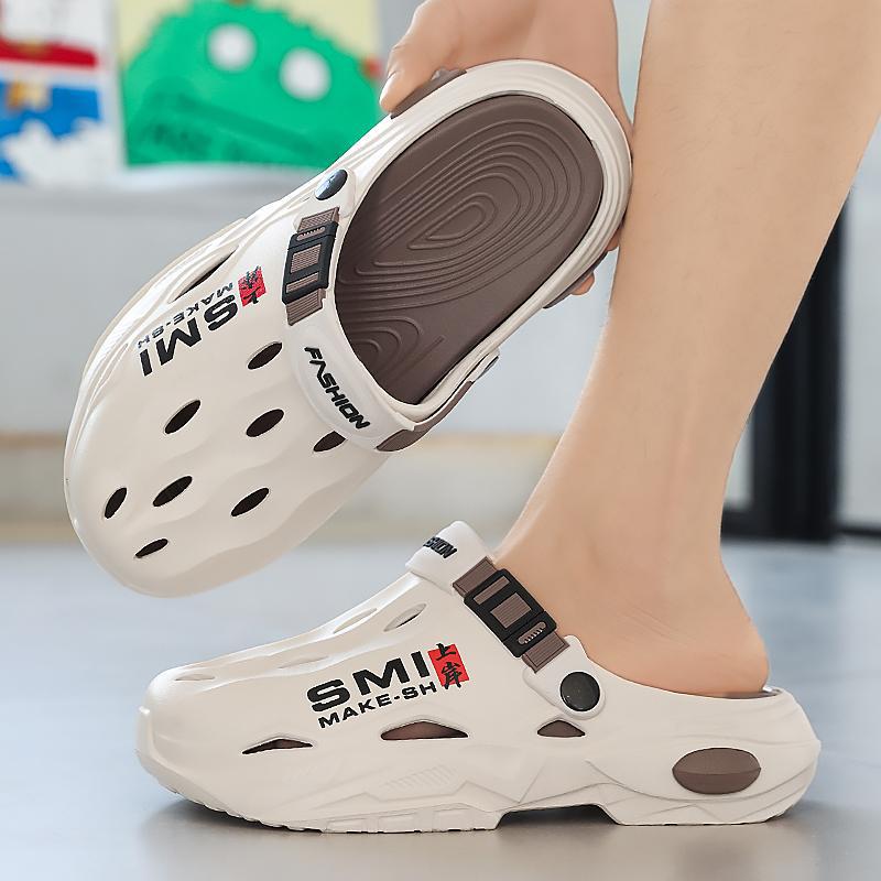 2025 nuevos zapatos con agujeros para hombres, ropa exterior, suela gruesa, antideslizante, zapatillas Baotou, sandalias deportivas de playa al por mayor