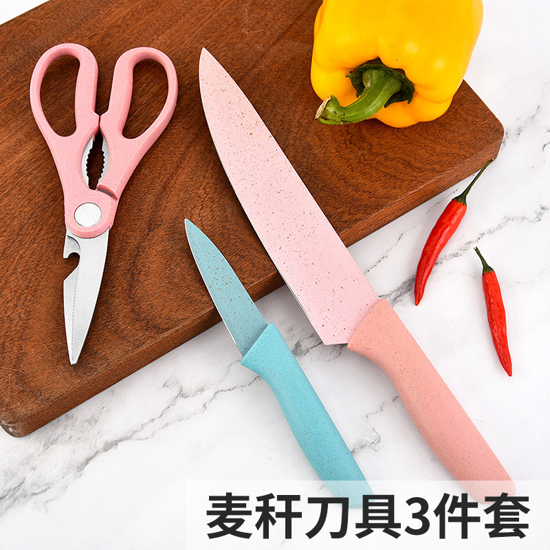 Venta caliente de la fábrica de acero inoxidable cortador de paja traje de tres piezas de cocina corte de carne cuchillo de fruta vegetal cuchillo de cocina