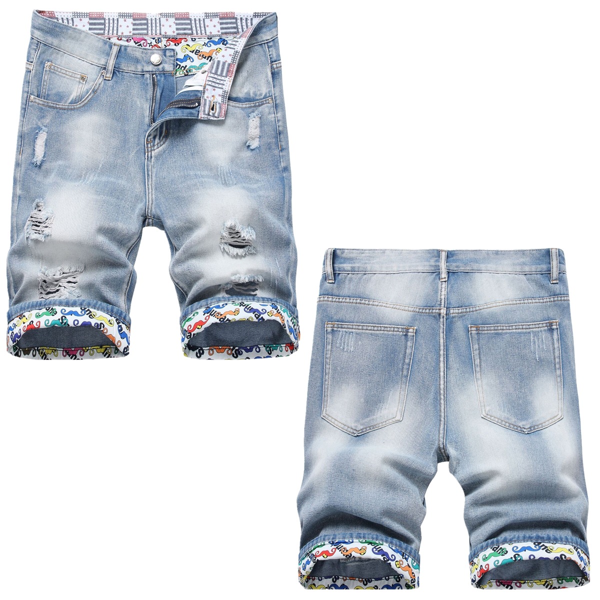 Spot 2023 Summer new worn hole men's five denim shorts personalized fashion straight waist pants