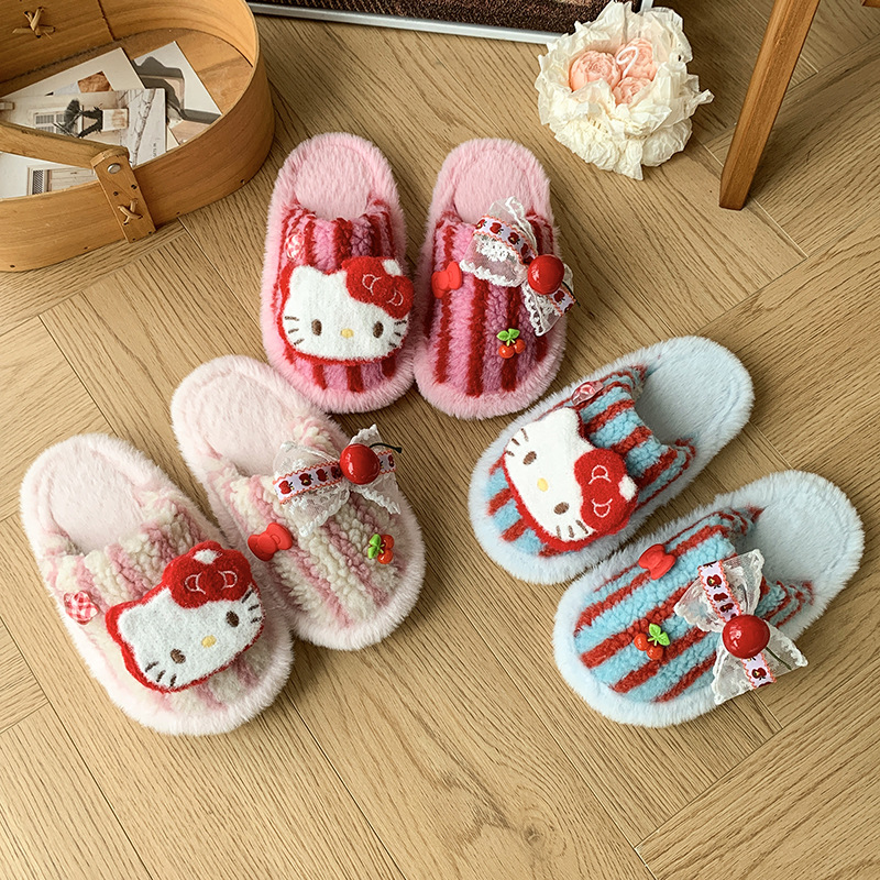 Dopamine Color Matching Cute Cartoon Kitten Children's Furry Shoes Women's Autumn and Winter New Girl's Heart Toe Cotton Slippers Wholesale