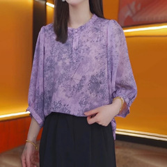 紫気東来のデザイン感は肉を遮って痩せて見えるシャツ2025春夏の新型の女性の7分袖の返済の小さいシャツがゆったりしています。