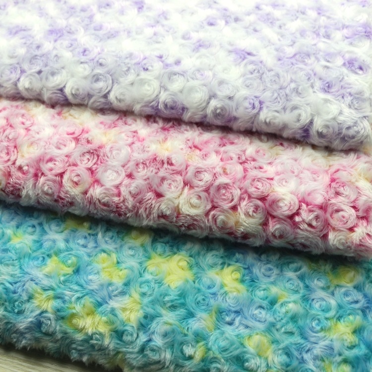 全涤磨圈拧花印花七彩色玫瑰绒10MM漩涡磨花印花长毛绒PV绒布面料
