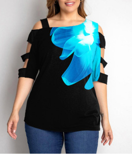 2023 European and American popular off-the-shoulder hollow-out mid-length plus size printed T-shirt top