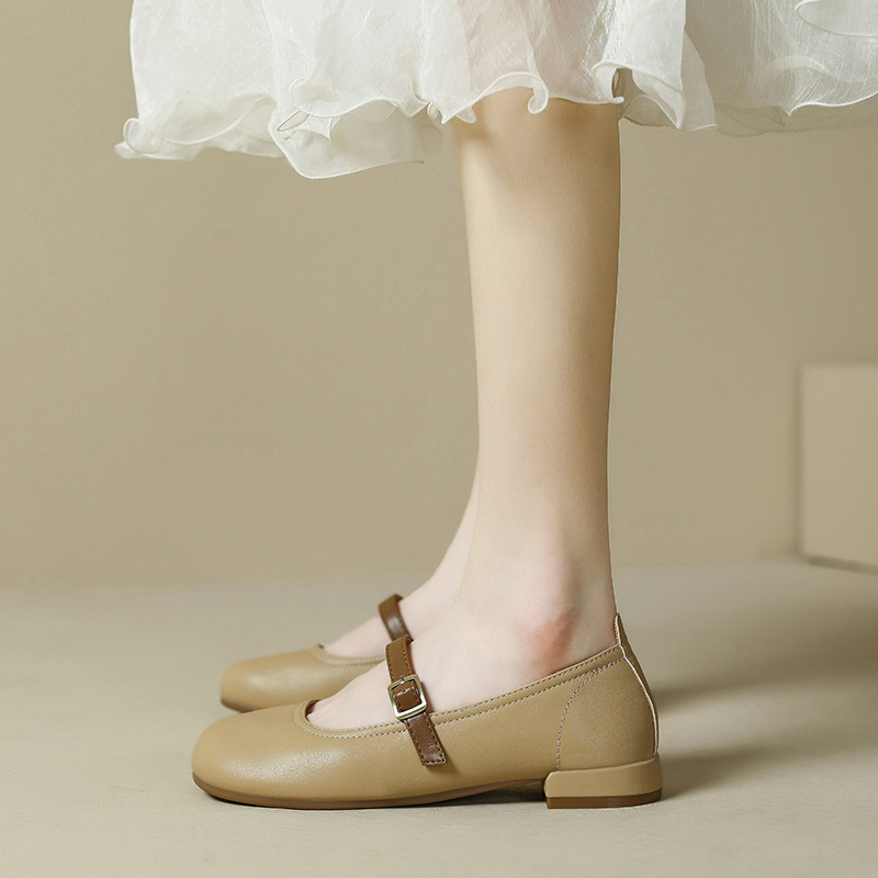 Genuine French For Women, Summer Shallow Soft Leather Flat Cross-Strap Mary Jane Shoes, Brown College Style Single Shoes_vogvips.com