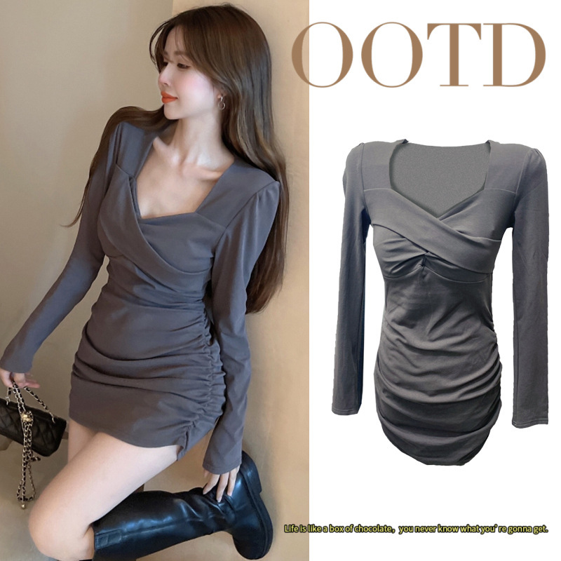 Hot girl autumn and winter dress plus size long sleeve light mature style high-grade gray temperament tight slimming de velvet hip skirt for women